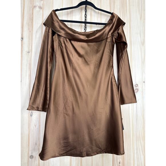 NWT Lulus Luxurious Vision Brown Satin Off-the-Shoulder Mini Dress Party Size L - Picture 2 of 10